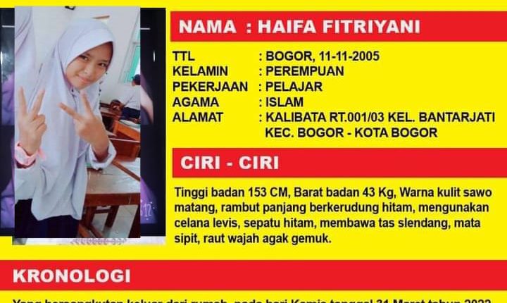 Gadis Remaja di Bogor Hilang Usai Bertemu dengan Kenalan di Medsos