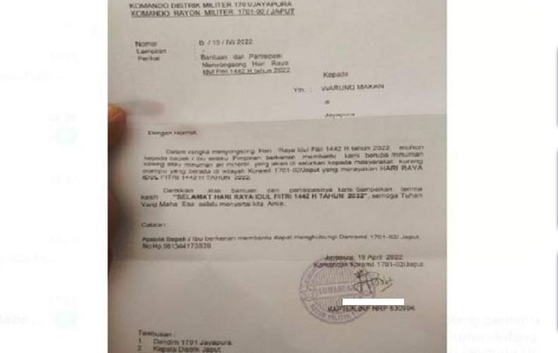 Danramil di Jayapura Minta Sumbangan Lebaran ke Pedagang